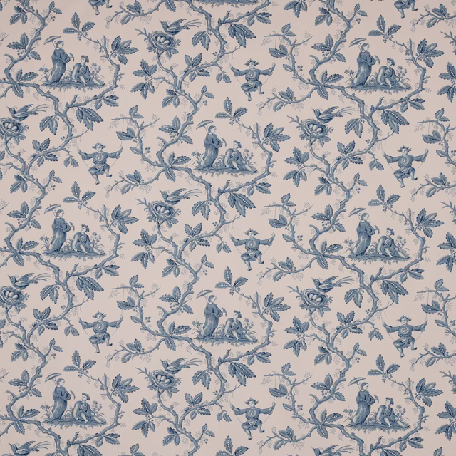 Blue chinoiserie toile with figures, birds and vines on a pale ground