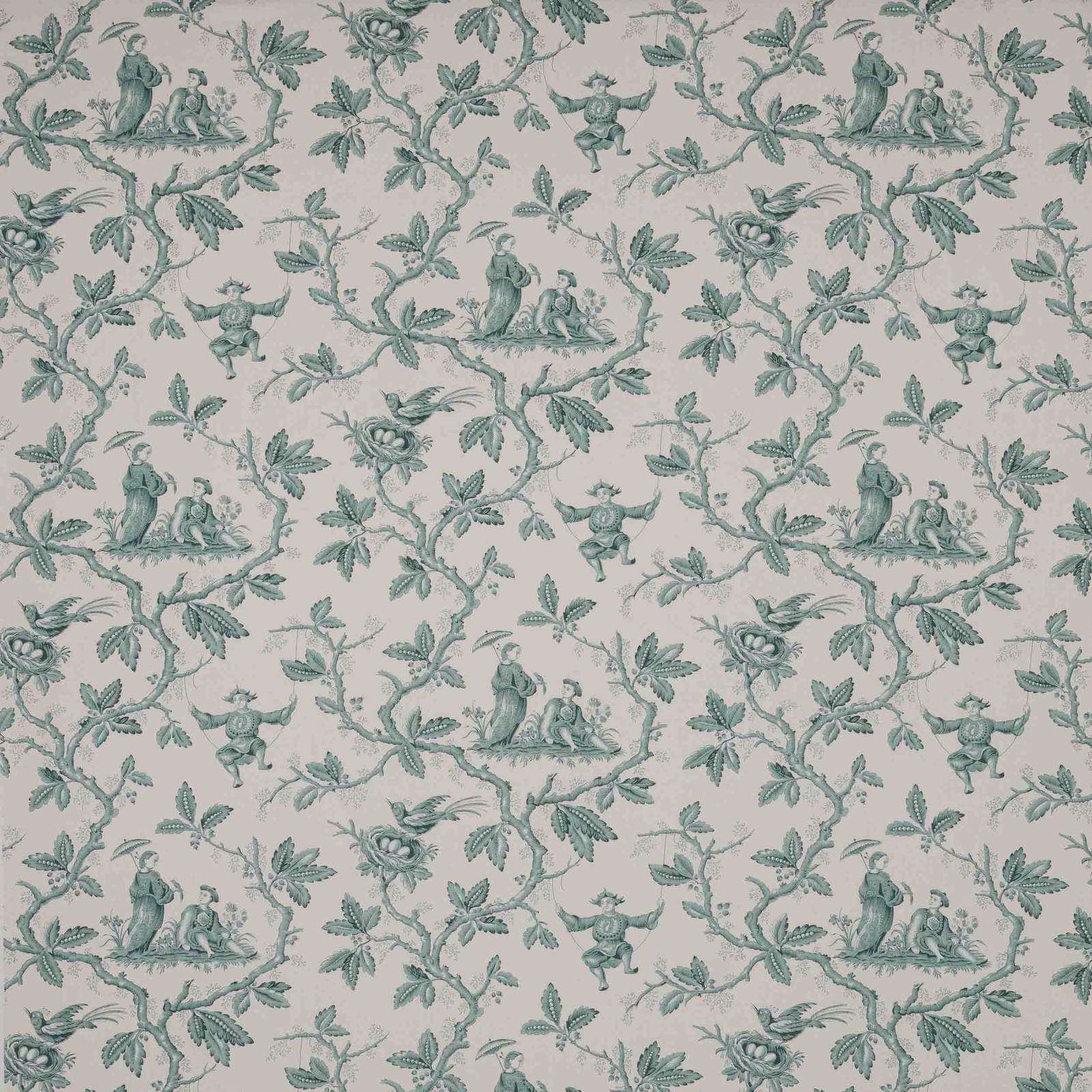 Forest green chinoiserie toile with figures, birds and leafy branches on a pale ground