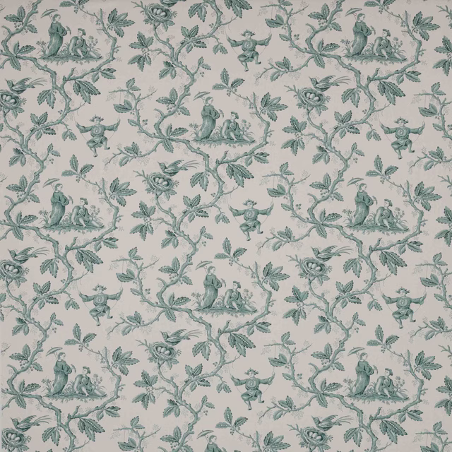 Forest green chinoiserie toile with figures, birds and leafy branches on a pale ground