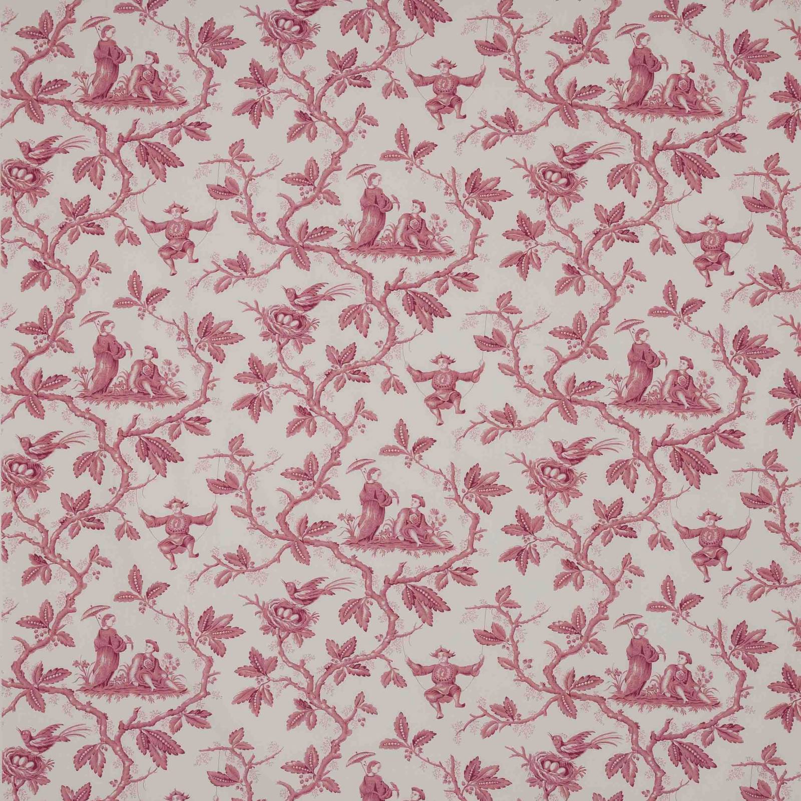 Pink chinoiserie toile cotton with figures, birds and scrolling branches