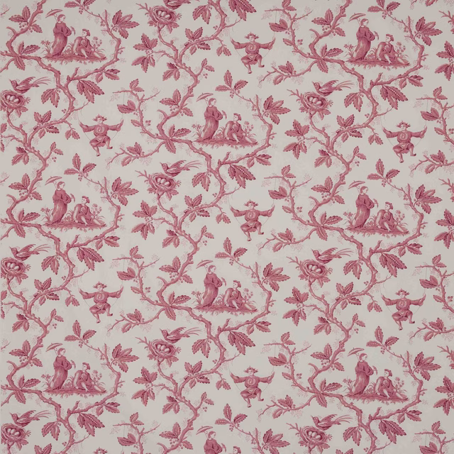 Pink chinoiserie toile cotton with figures, birds and scrolling branches