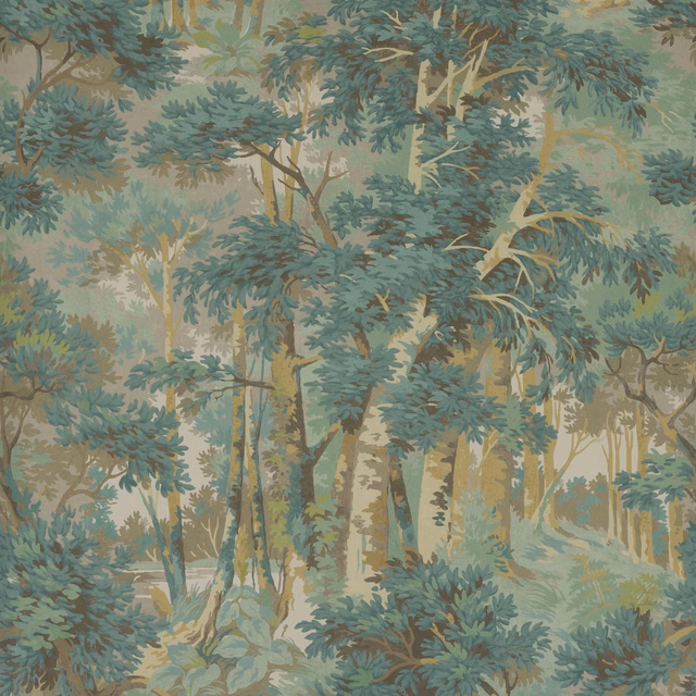Muted forest-green woodland wallpaper with layered trees, foliage and ochre trunks