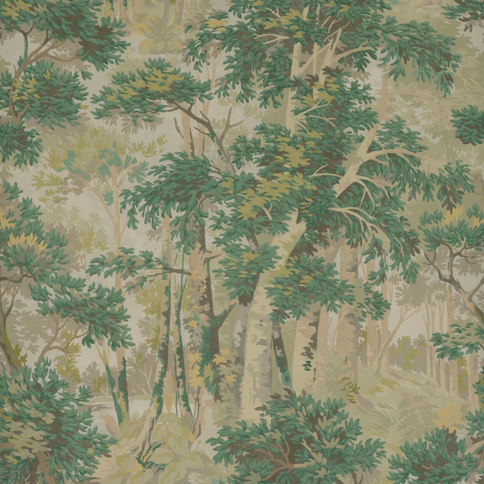 Muted leaf-green woodland scene with layered trees, branches and softly painted foliage