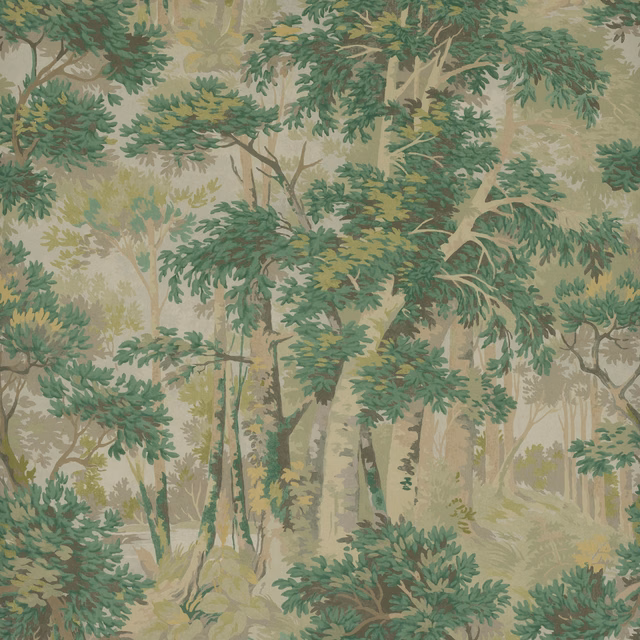 Muted leaf-green woodland scene with layered trees, branches and softly painted foliage