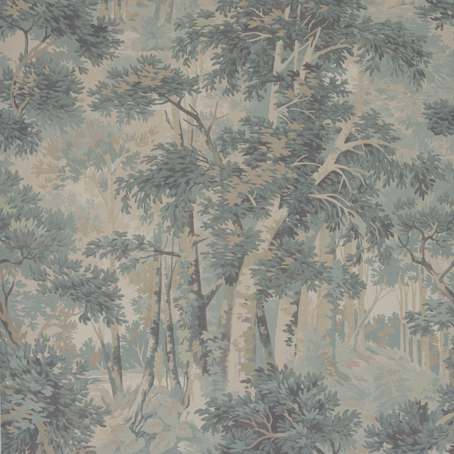 Muted Old Blue woodland wallpaper with blue-grey foliage and pale tree trunks