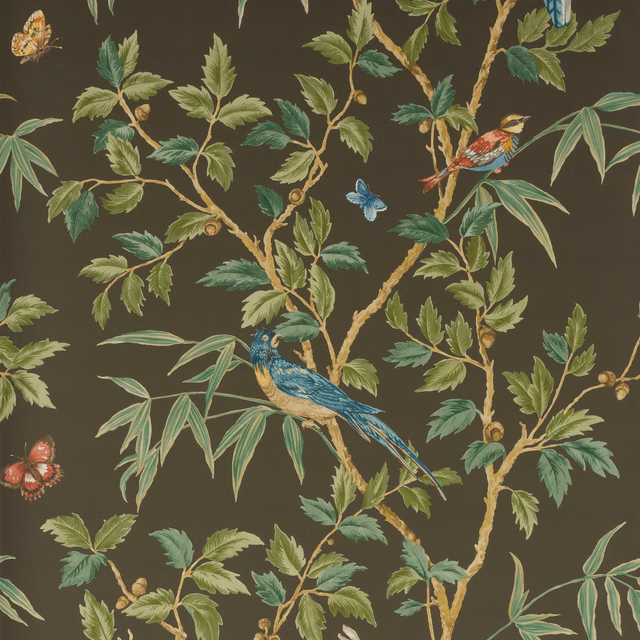 Dark olive-black wallpaper with leafy branches, turquoise kingfisher and butterflies