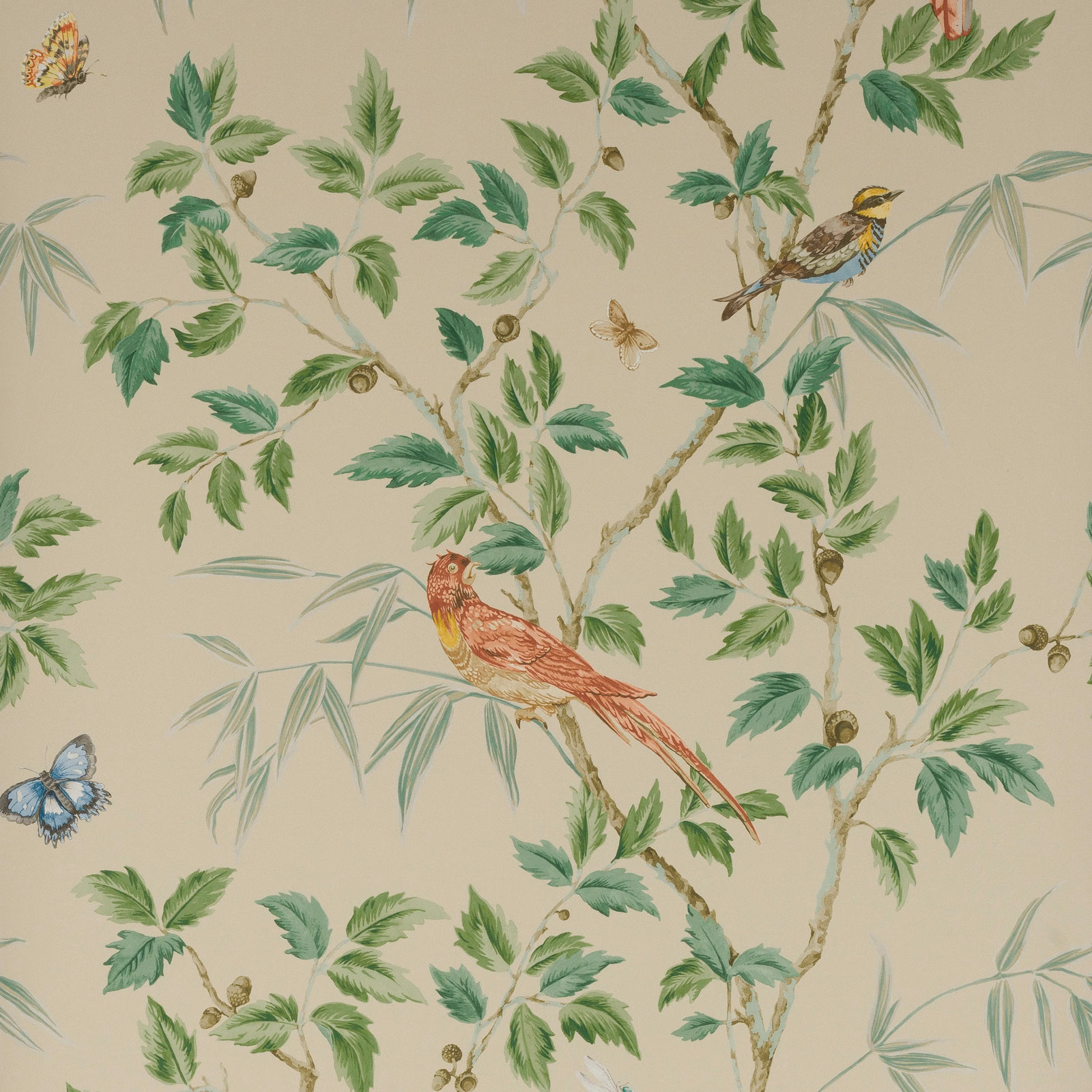 Cream botanical wallpaper with green branches, perched birds, butterflies and russet plumage