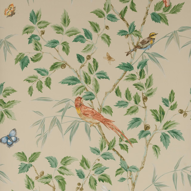 Cream botanical wallpaper with green branches, perched birds, butterflies and russet plumage