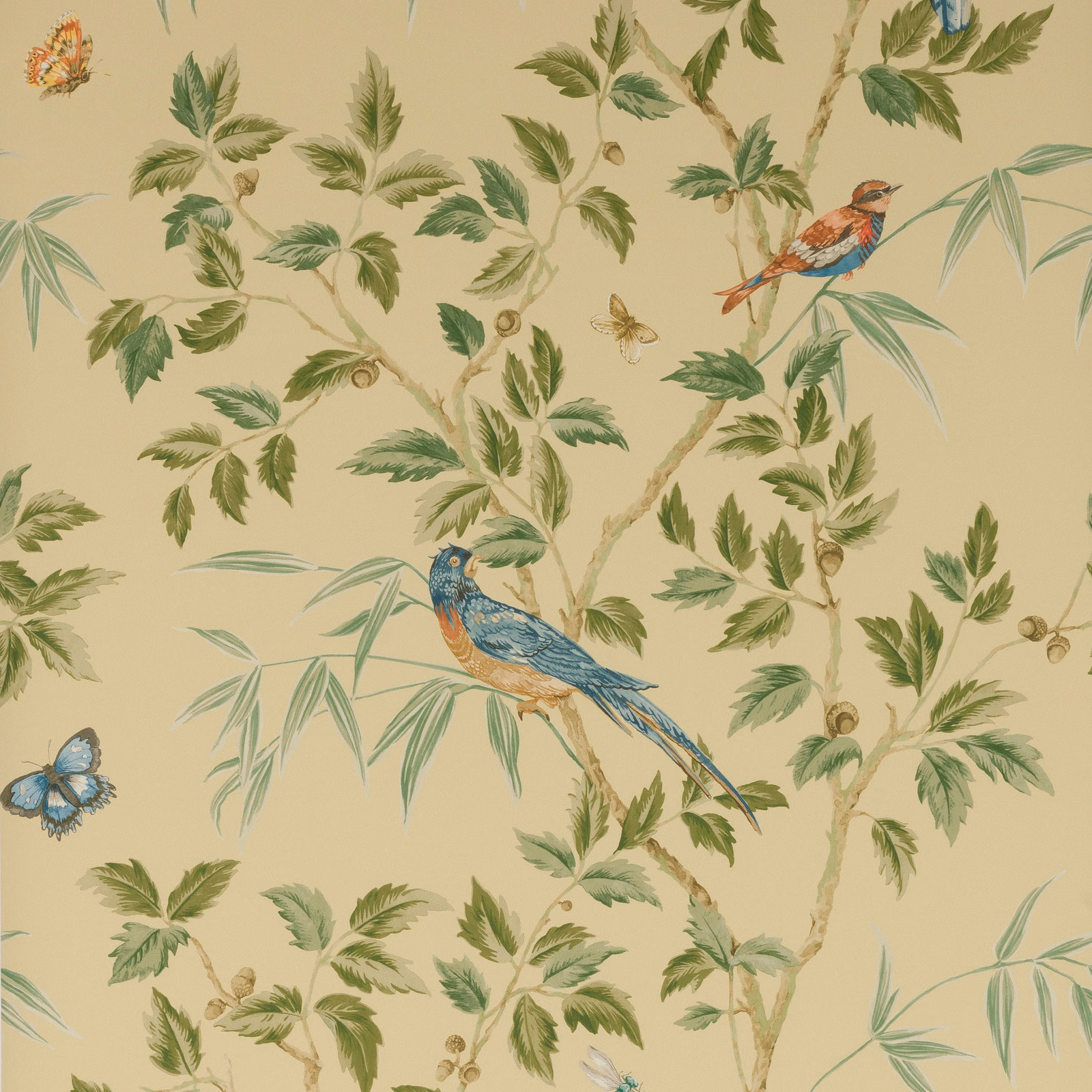 Muted yellow wallpaper with green branches, blue birds and delicate butterflies