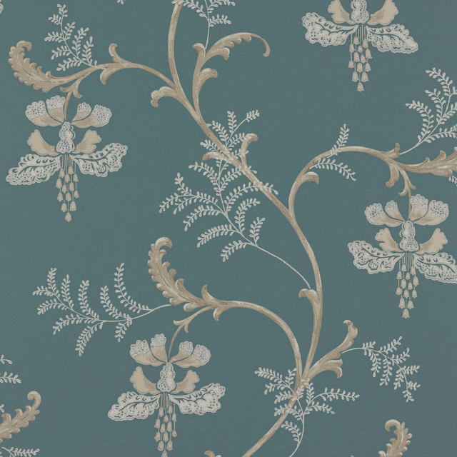 Muted teal wallpaper with cream bellflowers, scrolling stems and delicate trailing foliage