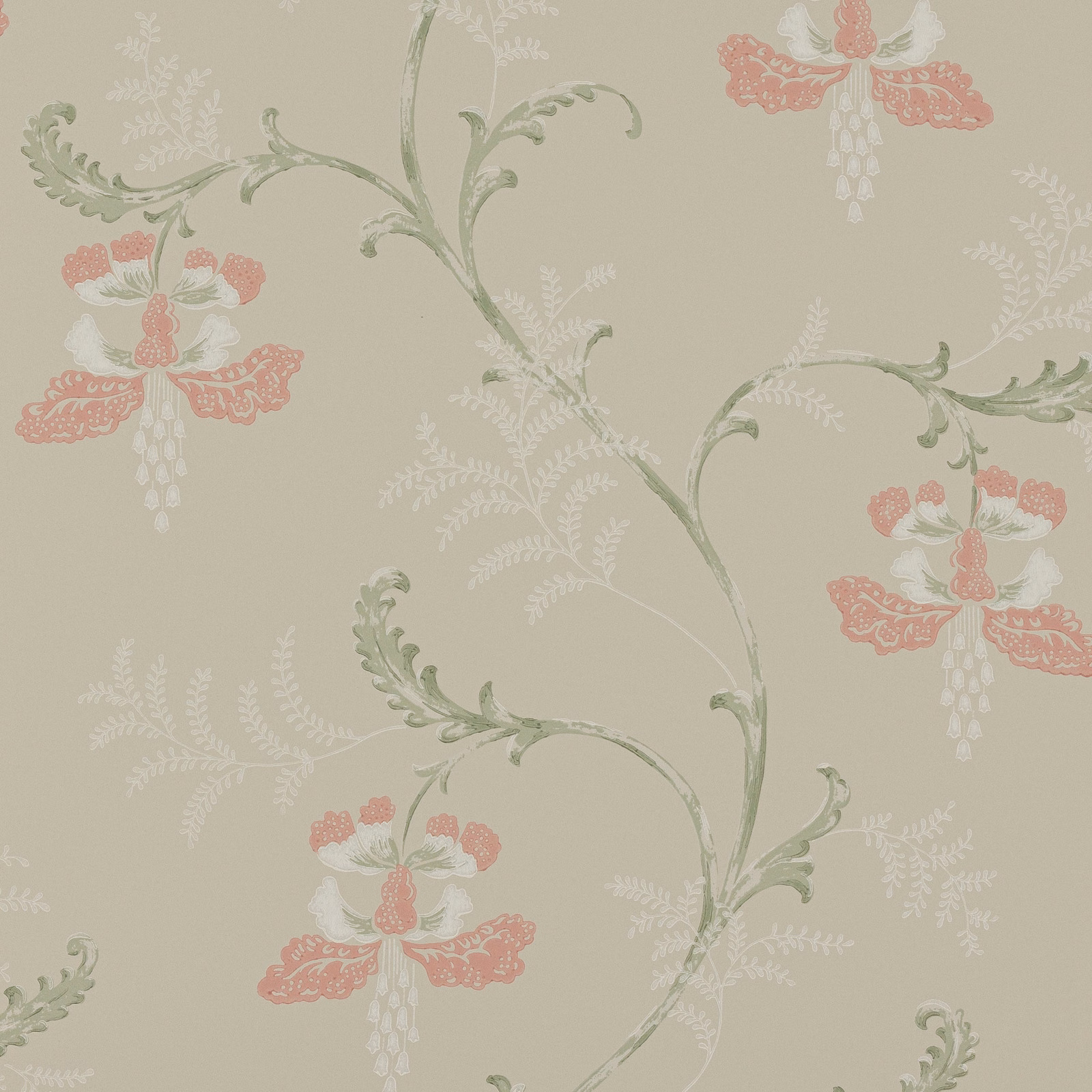 Dusty pink bellflowers and sage stems on a muted taupe wallpaper ground