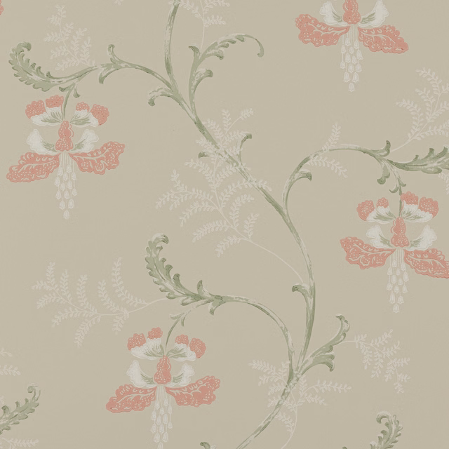 Dusty pink bellflowers and sage stems on a muted taupe wallpaper ground