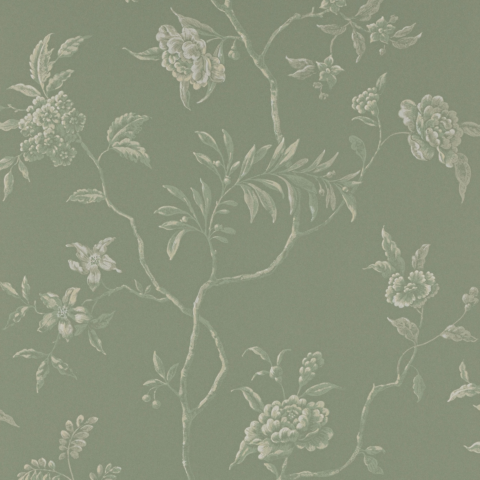 Muted celadon wallpaper with pale blossom branches, leaves and fine winding stems