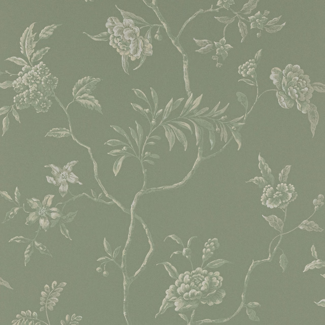 Muted celadon wallpaper with pale blossom branches, leaves and fine winding stems