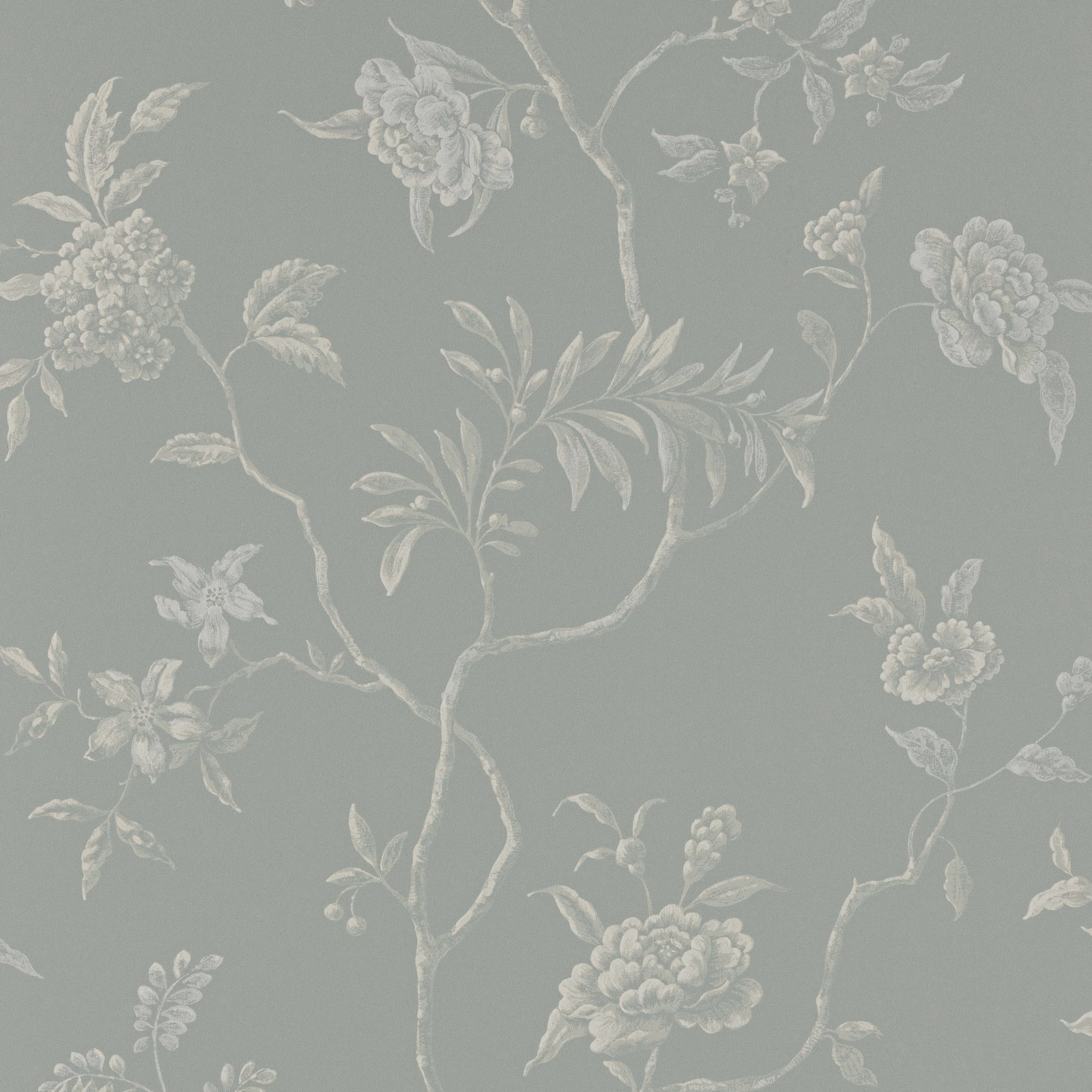 Pale blue-grey wallpaper with ivory peonies, curling branches and delicate botanical leaves