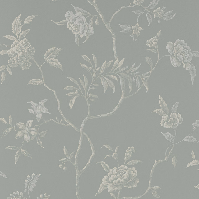 Pale blue-grey wallpaper with ivory peonies, curling branches and delicate botanical leaves