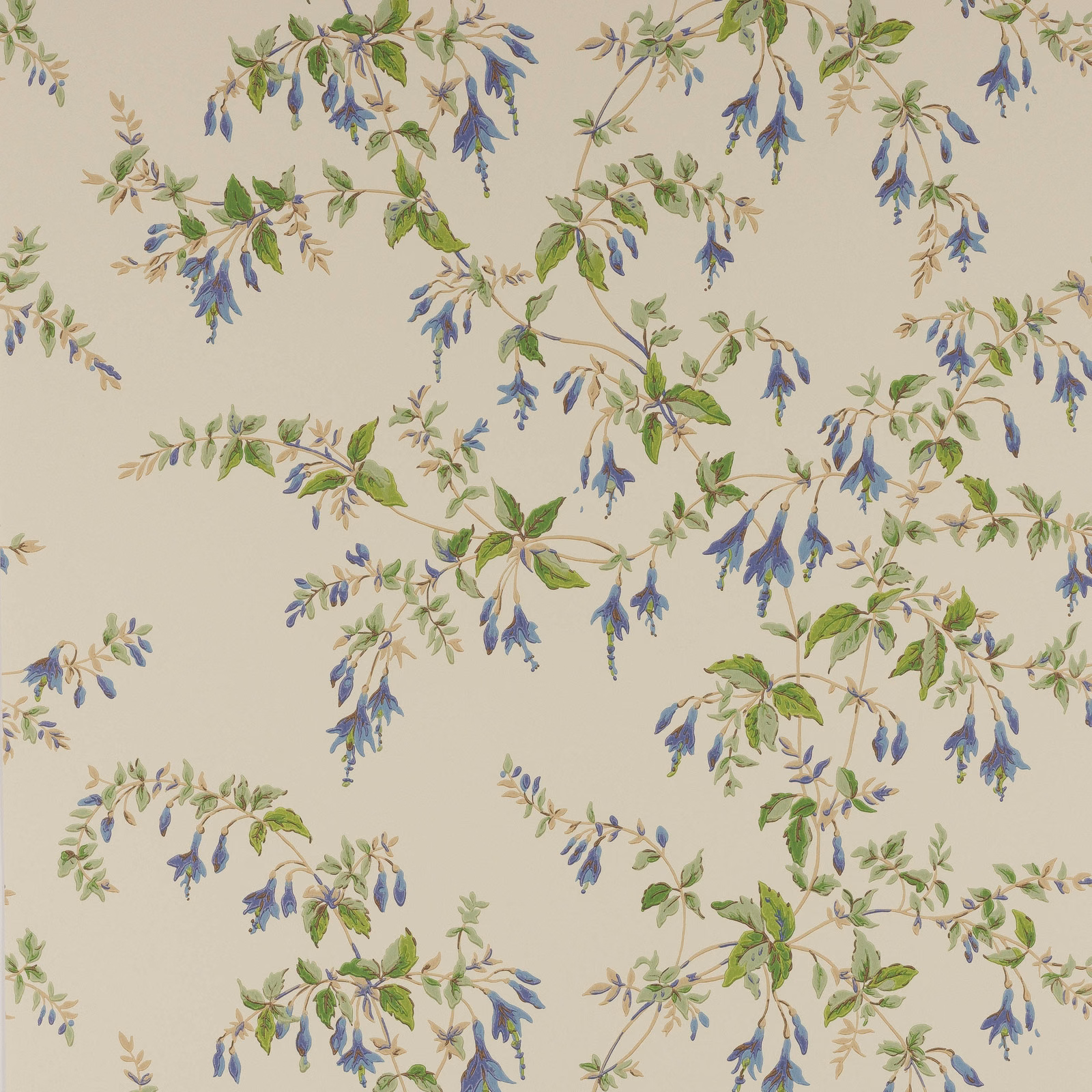 Cream wallpaper with blue bell flowers, green leaves and trailing botanical branches