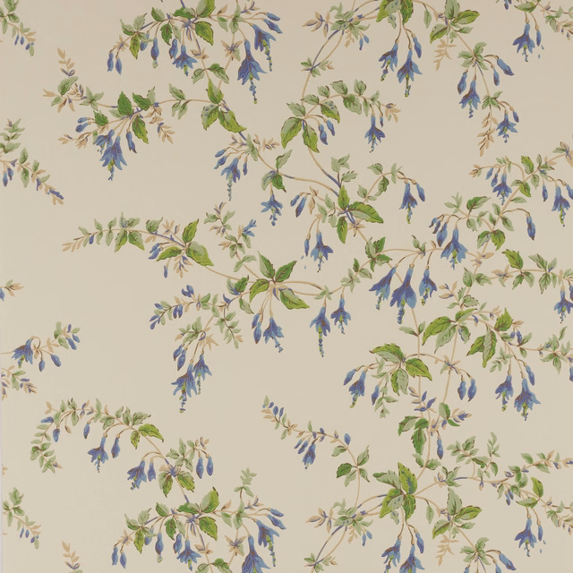 Cream wallpaper with blue bell flowers, green leaves and trailing botanical branches