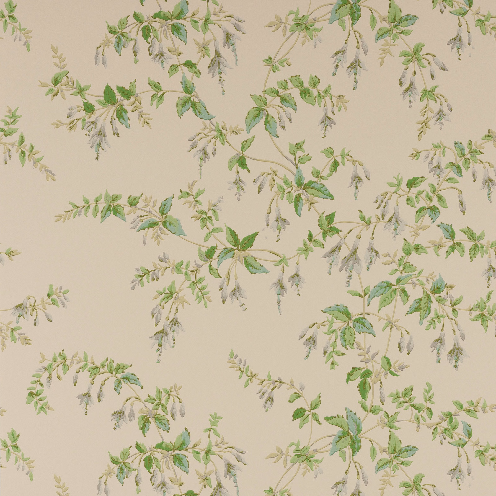 Pale taupe wallpaper with muted green leafy sprays and delicate grey trailing flowers