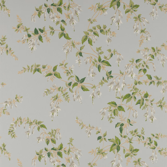 Pale blue-grey wallpaper with trailing green leaves and hanging white flowers