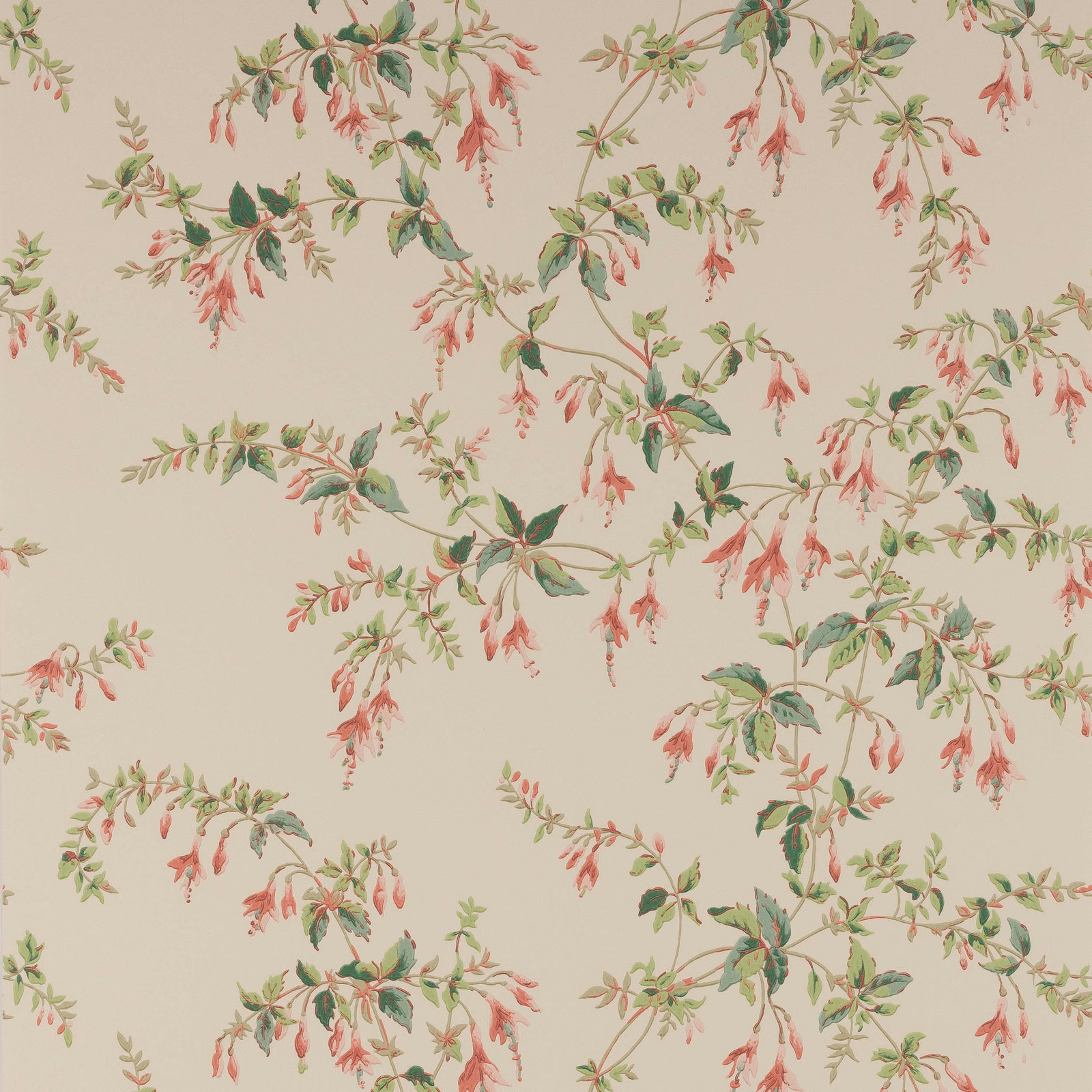 Fuchsia pink bell flowers and green leafy sprays on a pale beige ground