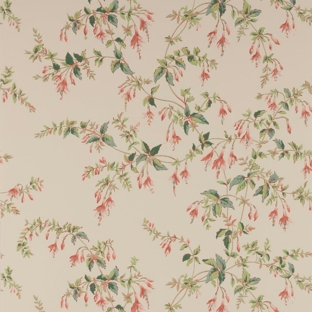 Fuchsia pink bell flowers and green leafy sprays on a pale beige ground