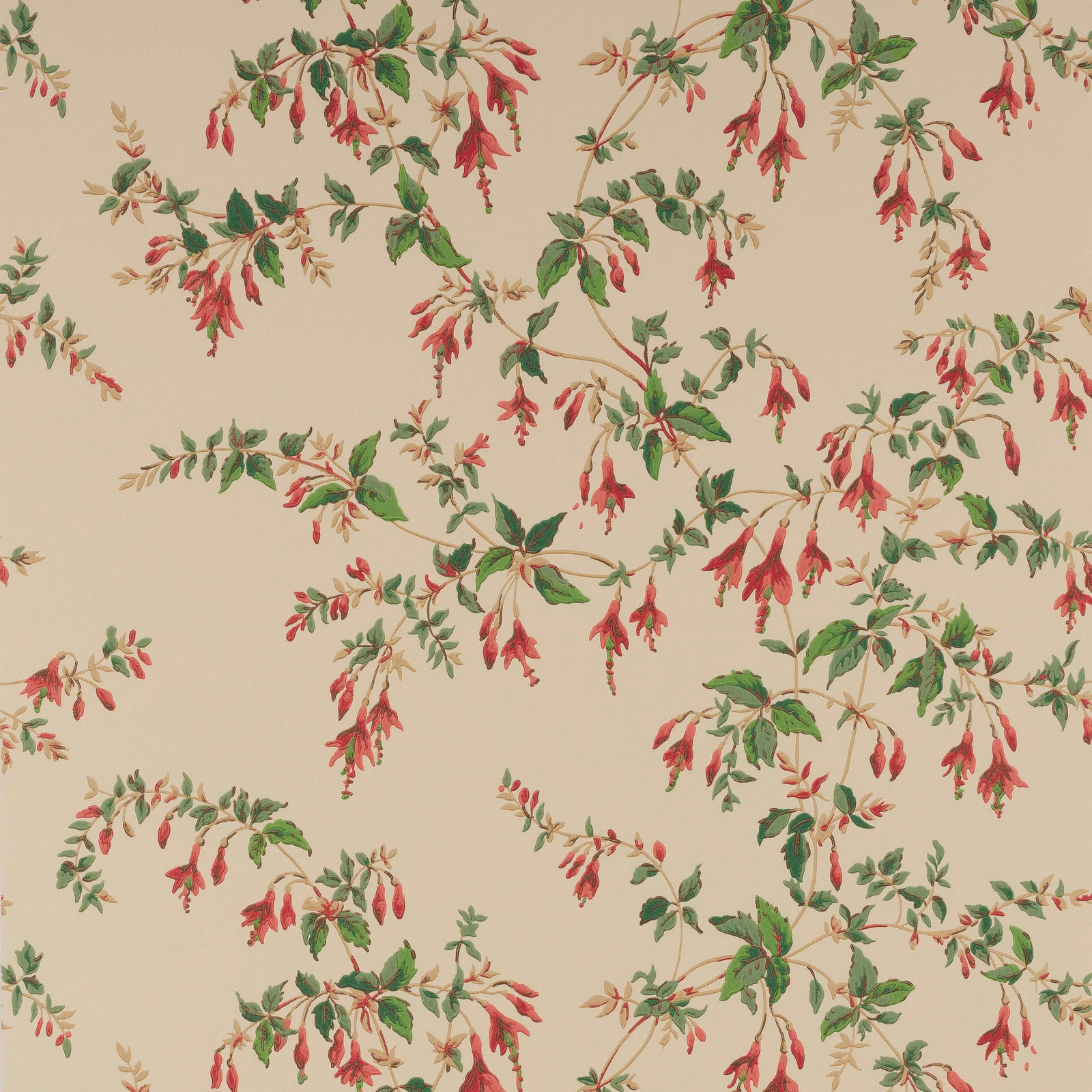 Beige wallpaper with fuchsia-red pendant flowers and forest-green leafy sprays