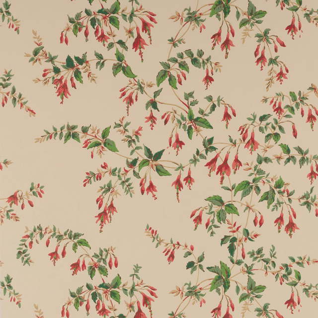 Beige wallpaper with fuchsia-red pendant flowers and forest-green leafy sprays