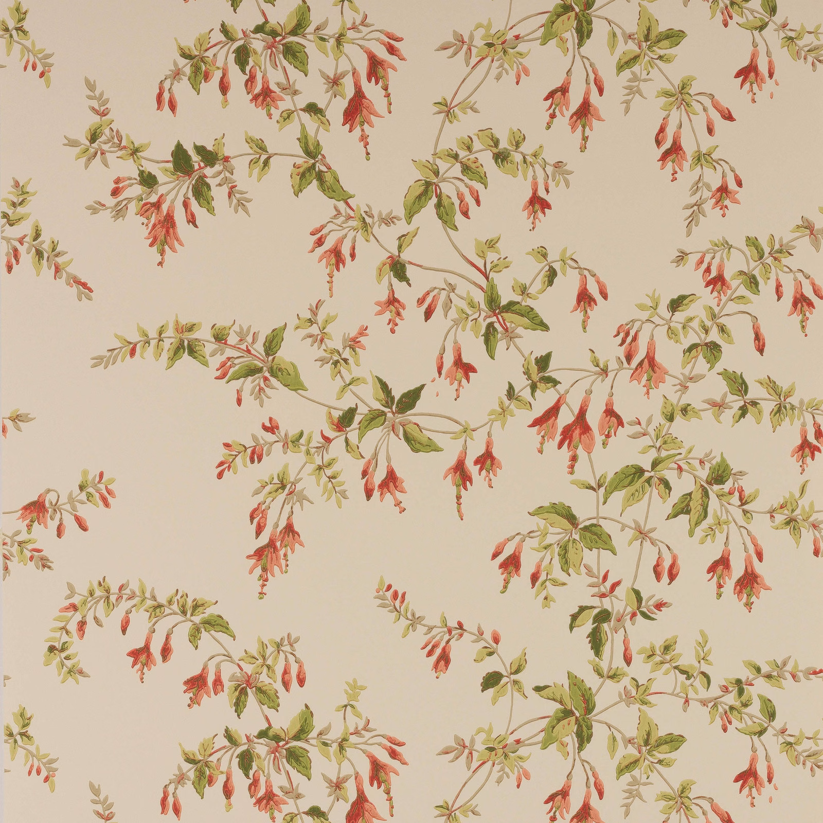 Warm cream wallpaper with tomato-red hanging flowers and olive-green leafy branches