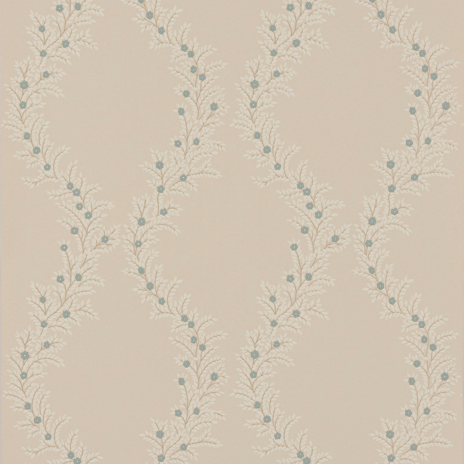 Cream wallpaper with looping ivory foliage and muted blue-grey flower sprigs