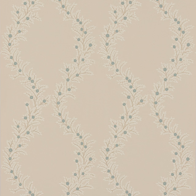 Cream wallpaper with looping ivory foliage and muted blue-grey flower sprigs