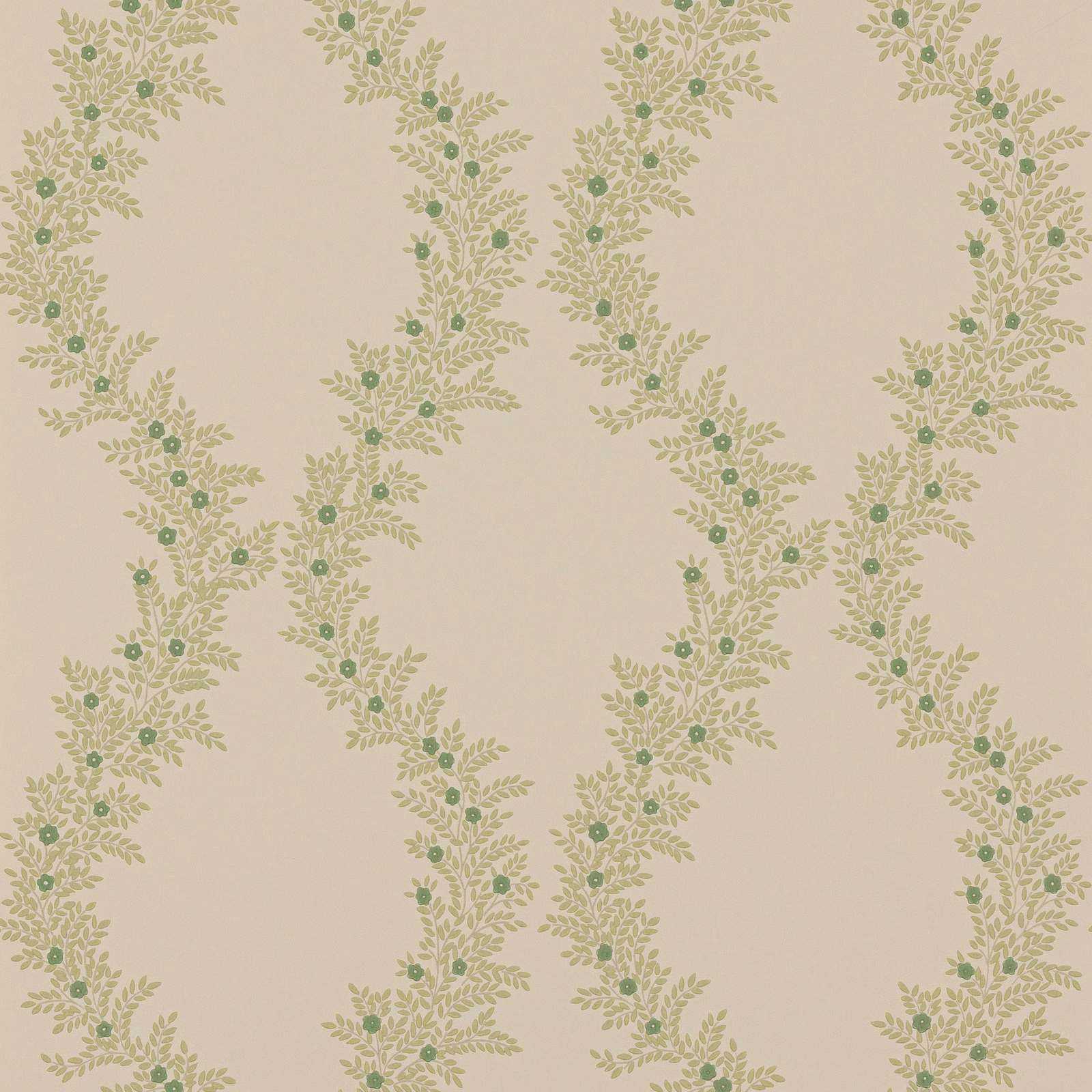 Sage leafy trails with small green flowers on a warm beige wallpaper ground