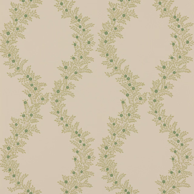 Sage leafy trails with small green flowers on a warm beige wallpaper ground