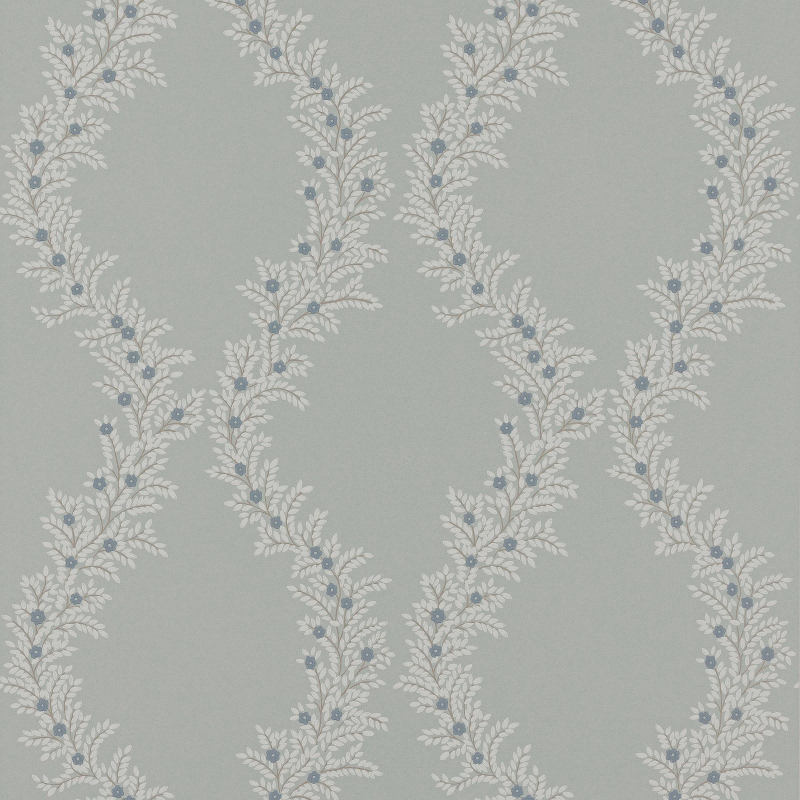 Muted blue-grey wallpaper with looping ivory foliage and small dusty blue flowers