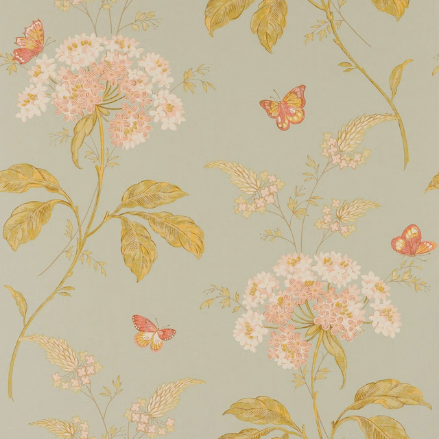 Pale aqua wallpaper with coral butterflies, pink floral sprays and golden leaves