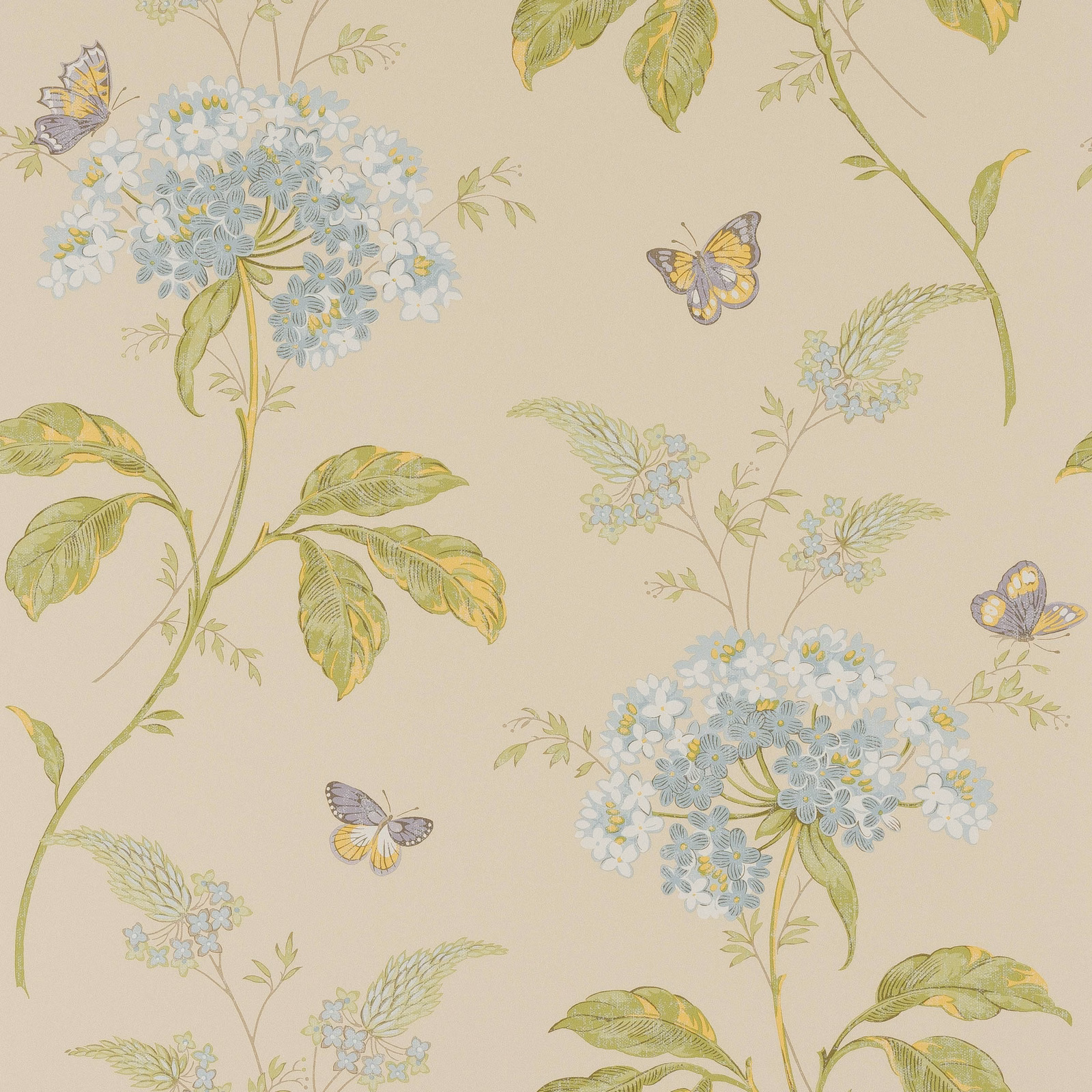 Pale beige paper wallpaper with blue-green flower clusters, leafy stems and butterflies