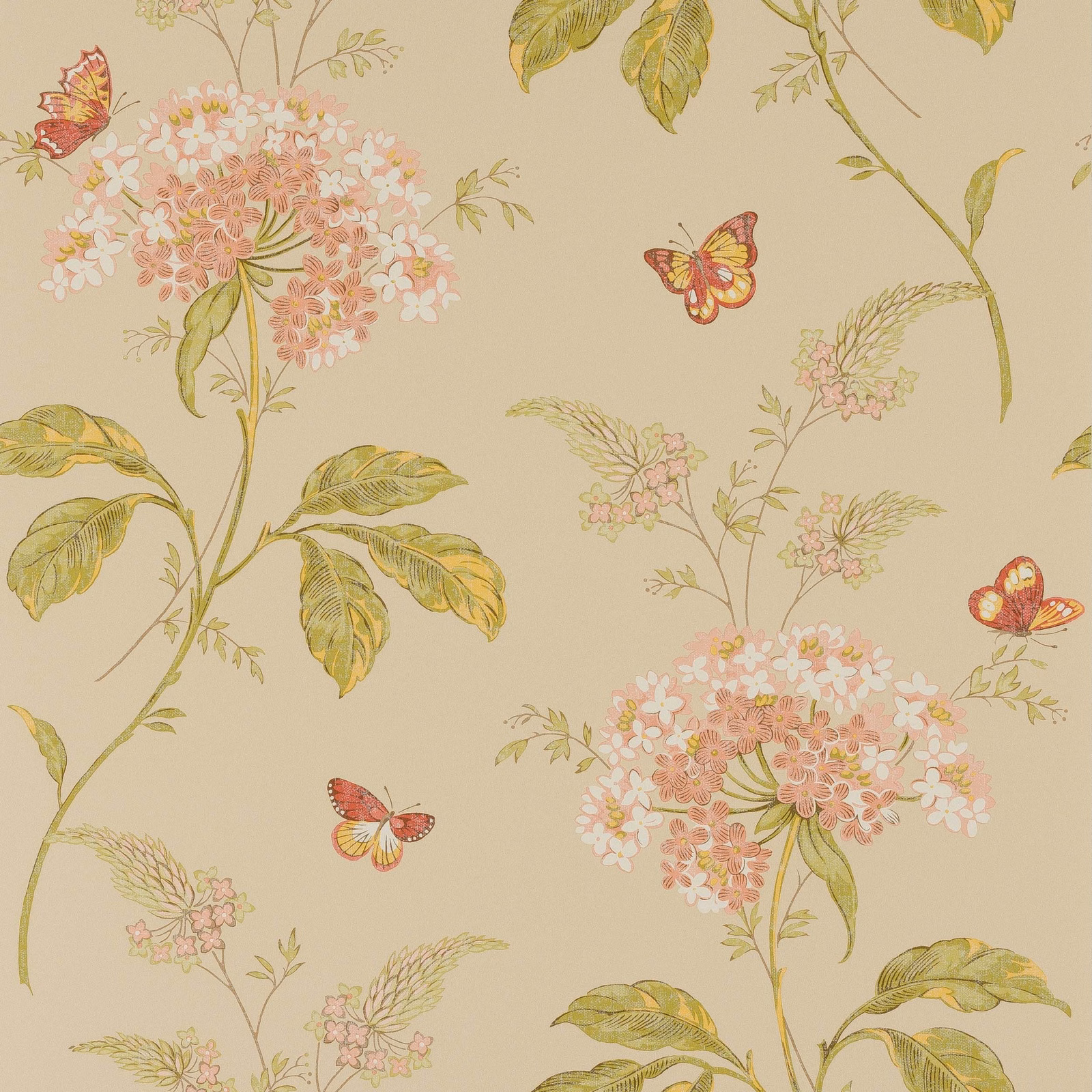 Parchment wallpaper with blush flower clusters, olive leaves and painted butterflies