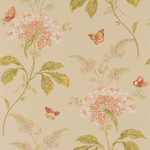 Parchment wallpaper with blush flower clusters, olive leaves and painted butterflies