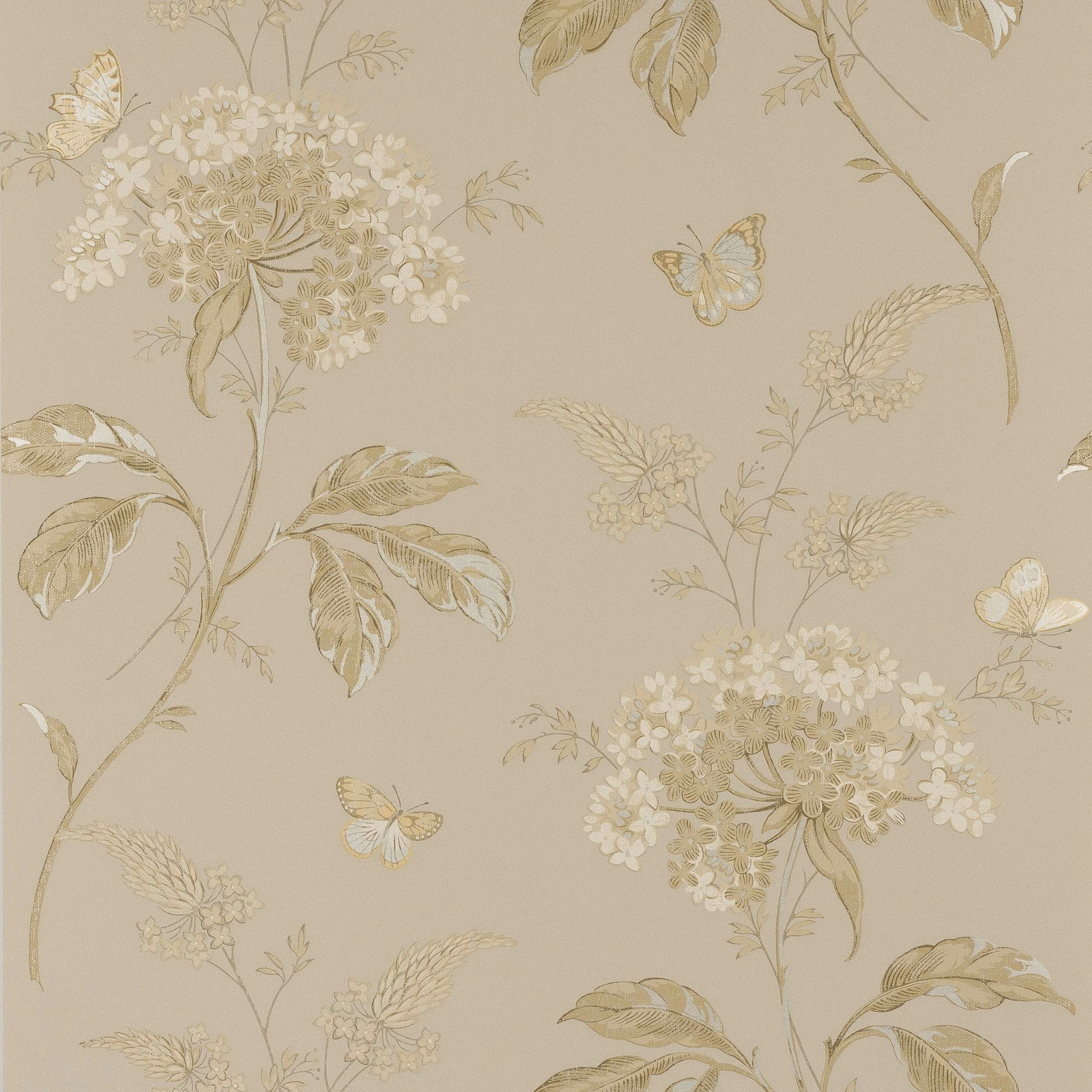 Stone greige wallpaper with cream flower sprays, taupe leaves and butterflies