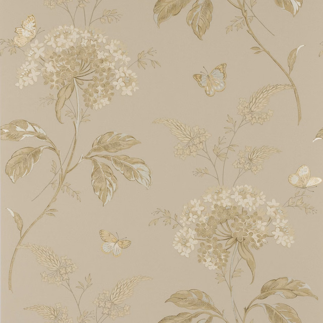 Stone greige wallpaper with cream flower sprays, taupe leaves and butterflies