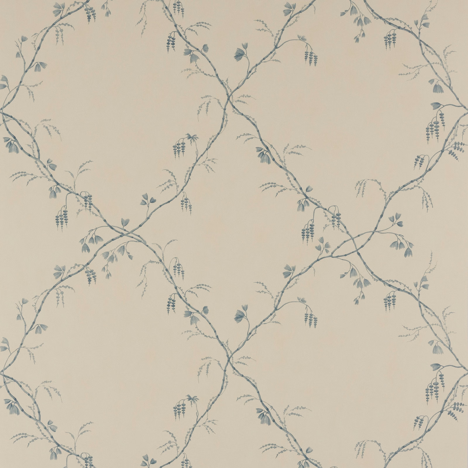 Warm cream wallpaper with delicate blue-grey vines, leaves and hanging flower clusters