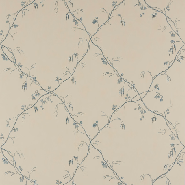 Warm cream wallpaper with delicate blue-grey vines, leaves and hanging flower clusters