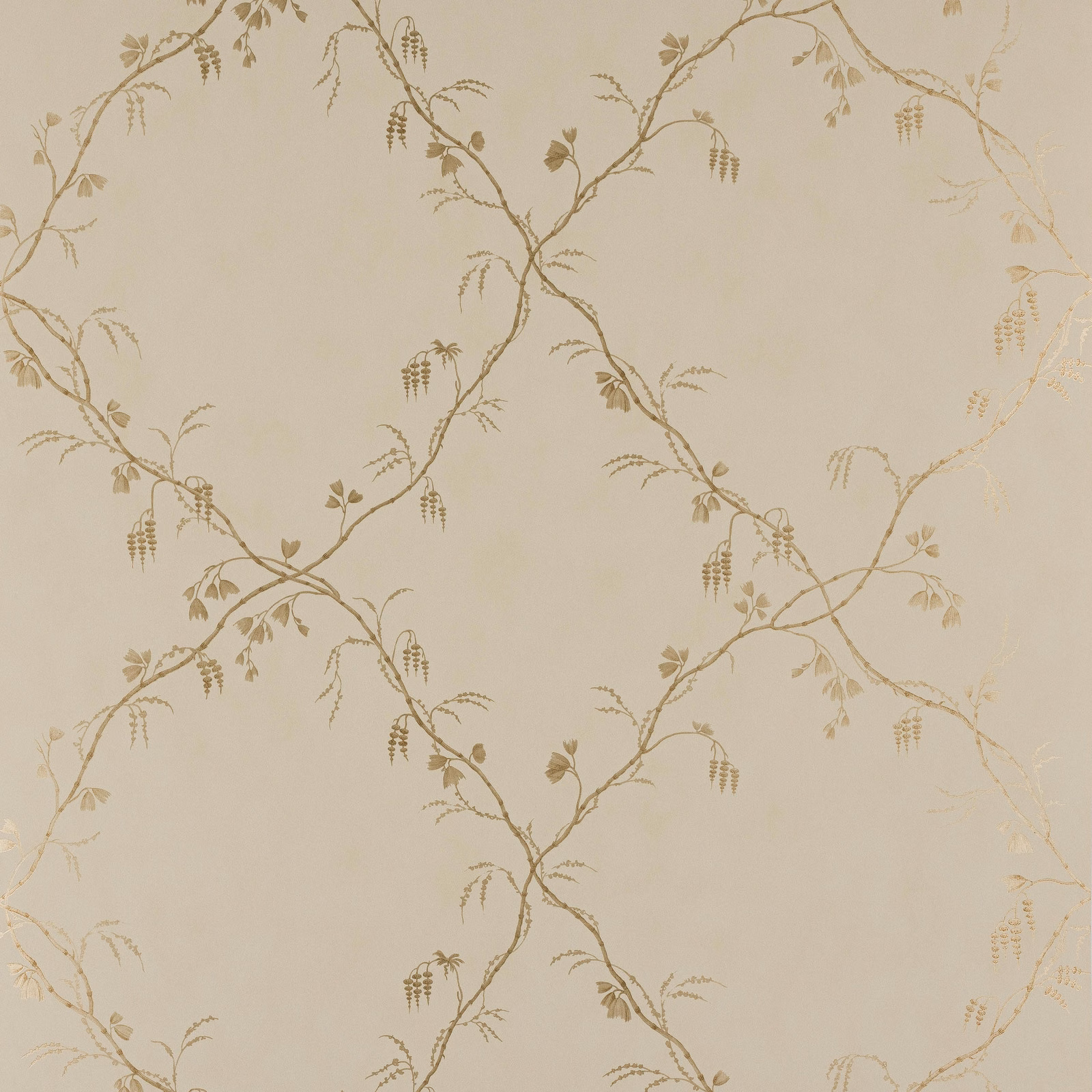 Warm ivory wallpaper with delicate taupe winding stems, leaves and hanging botanical clusters