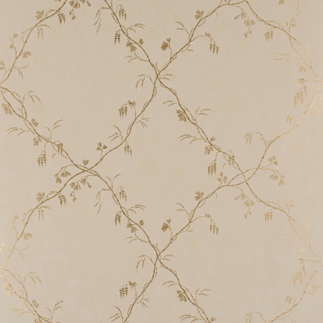 Warm ivory wallpaper with delicate taupe winding stems, leaves and hanging botanical clusters