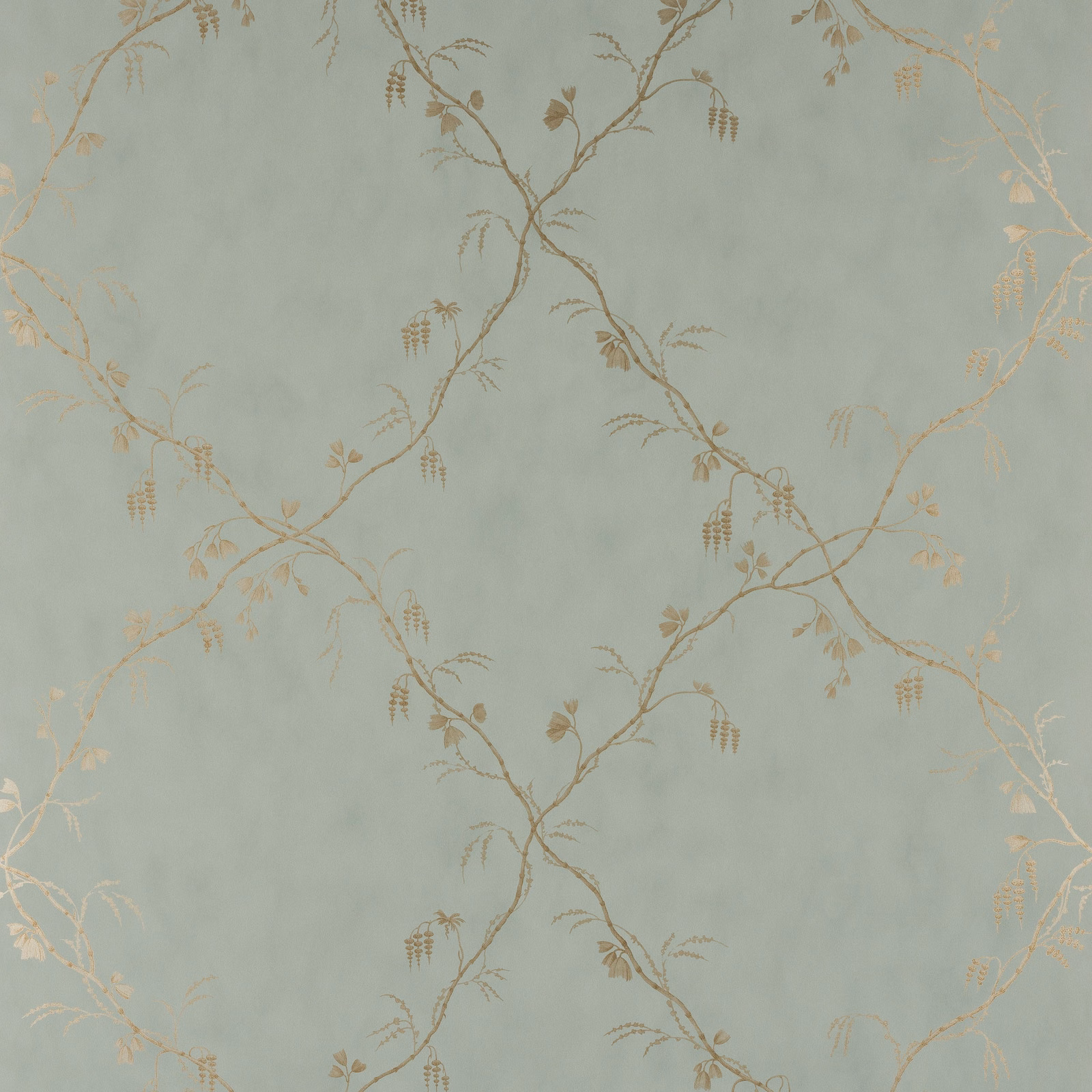 Muted blue-green wallpaper with delicate taupe trailing vines and hanging botanical clusters