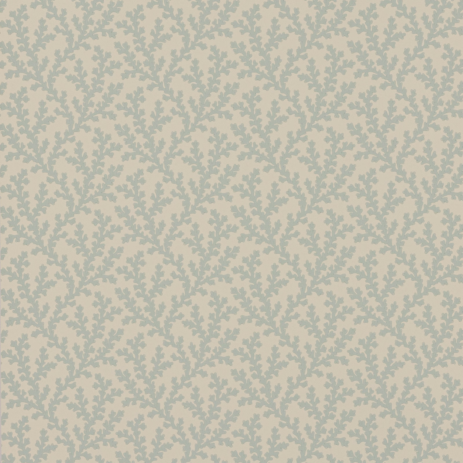 Pale aqua wallpaper with dense sage-grey leafy branches in a small botanical repeat
