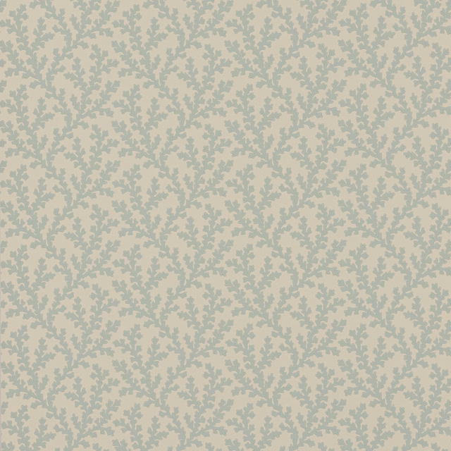 Pale aqua wallpaper with dense sage-grey leafy branches in a small botanical repeat
