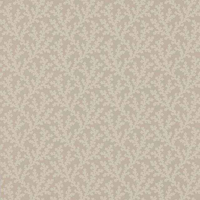 Warm beige wallpaper with dense pale cream branching coral motifs in a small repeat