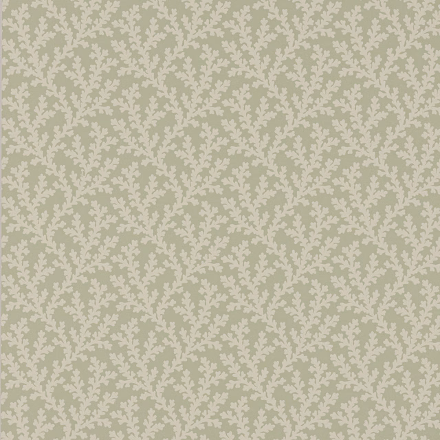 Muted sage wallpaper with dense ivory branching leaves in a small botanical repeat