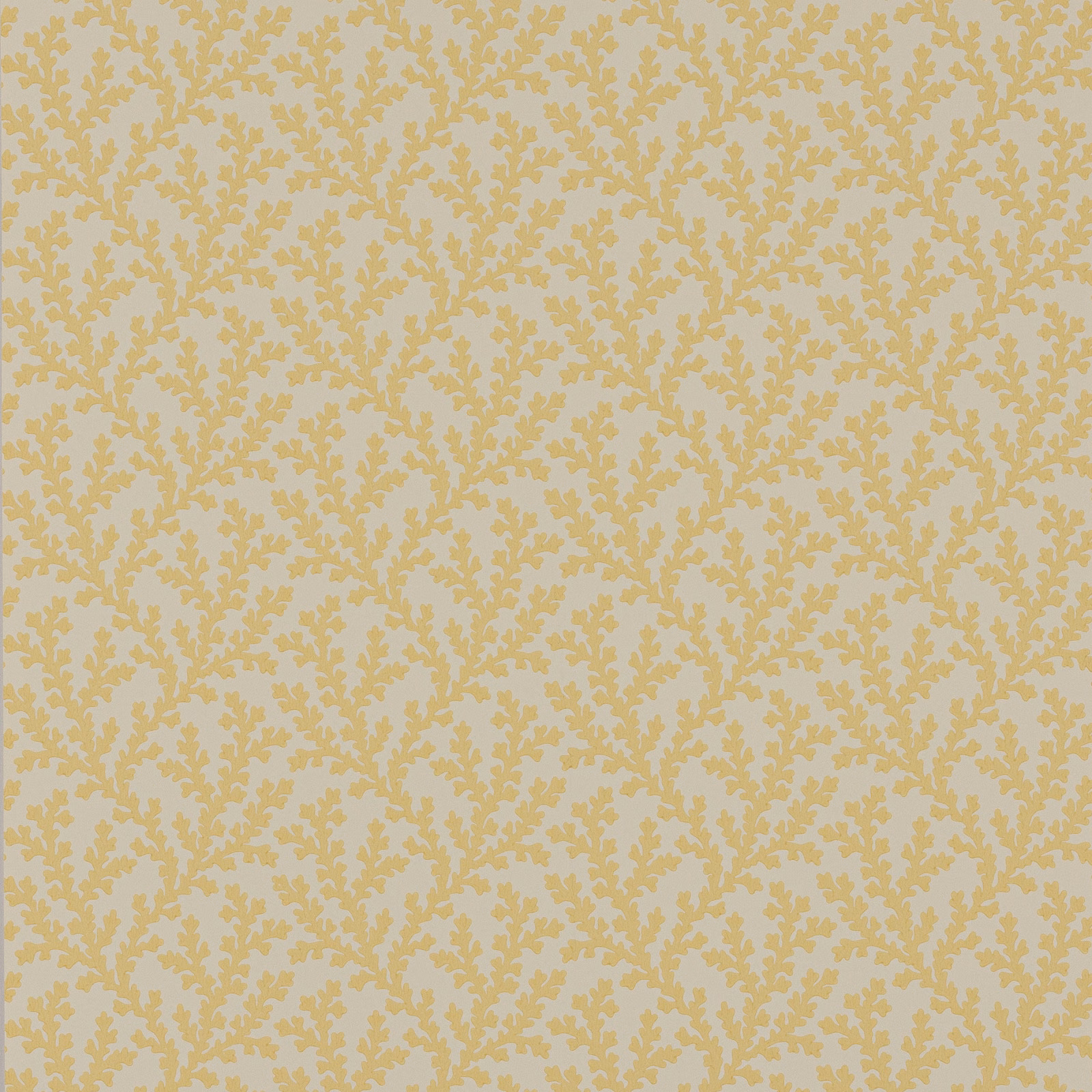 Pale greige wallpaper with dense muted yellow branching coral-like motifs